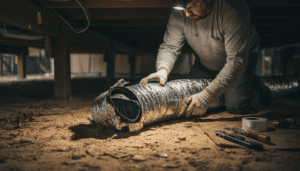 A person wearing gloves and a headlamp repairs or inspects flexible ductwork under a building, with tools and duct tape nearby on the sandy ground. Heating Duct Repair Near Me