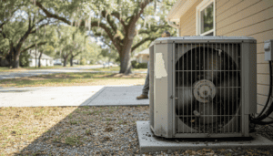An outdoor air conditioning unit sits on a concrete pad next to a house, with trees and a quiet street visible in the background. Loud Air Conditioner